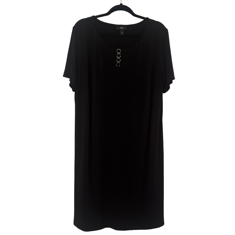 AGB Women’s Plus Size 2X Black Shift Dress with Metal Ring Neck Detail